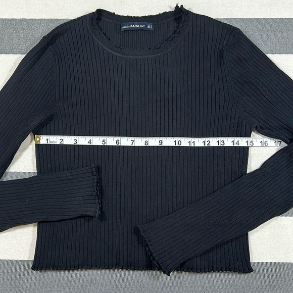ZARA Womens Black Ribbed Knit Crop Top Long Sleeve Lettuce Hem Stretch S - Picture 5 of 10
